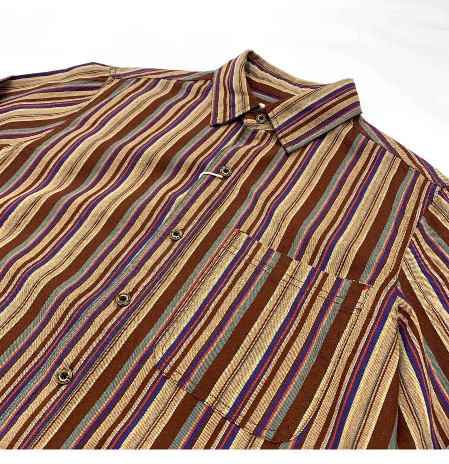 Amikaki Ethnic Style Men's Pure Cotton Colorful Stripes Shirt Loose Ancient Cargo Long Sleeved Shirt Jacket With Chest Pocket