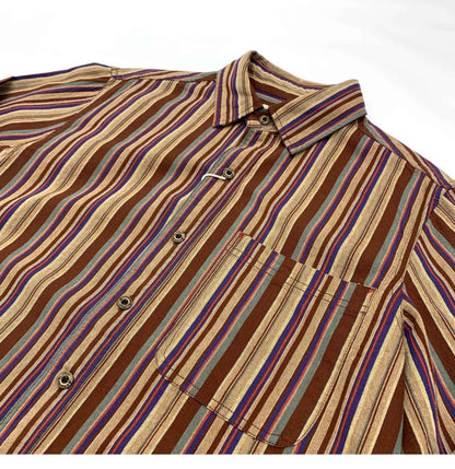 Amikaki Ethnic Style Men's Pure Cotton Colorful Stripes Shirt Loose Ancient Cargo Long Sleeved Shirt Jacket With Chest Pocket