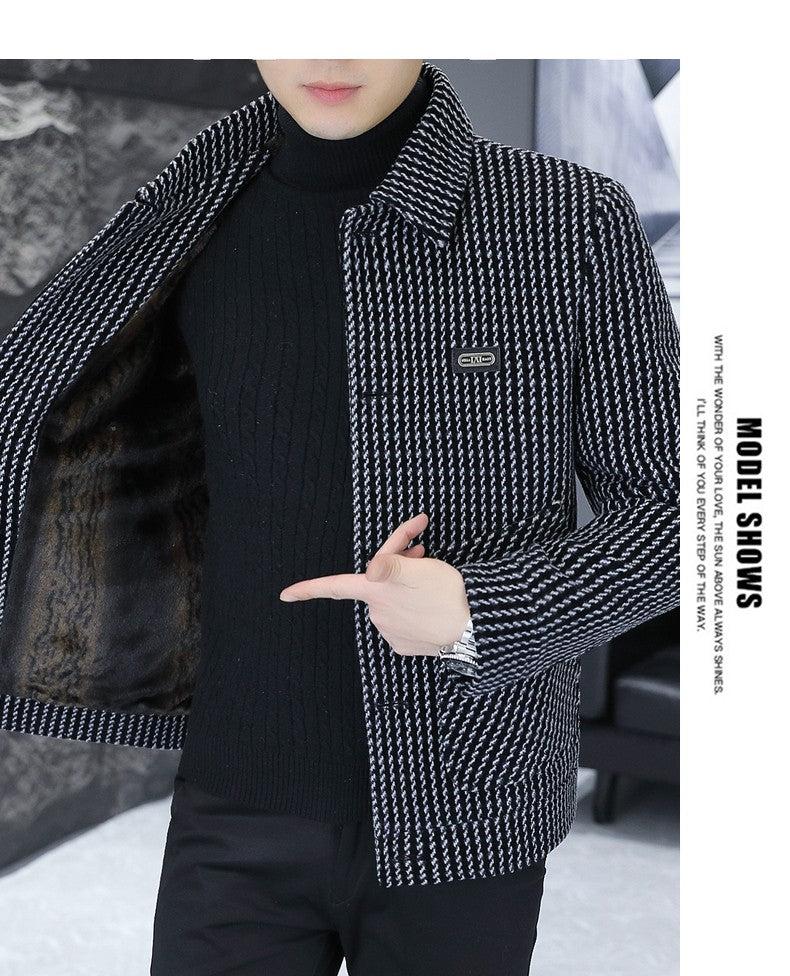Korean Fashion Woolen Jacket for Men 2023 Winter Plaid Casual Business Trench Coat Slim Social Office Street Wear Short Overcoat