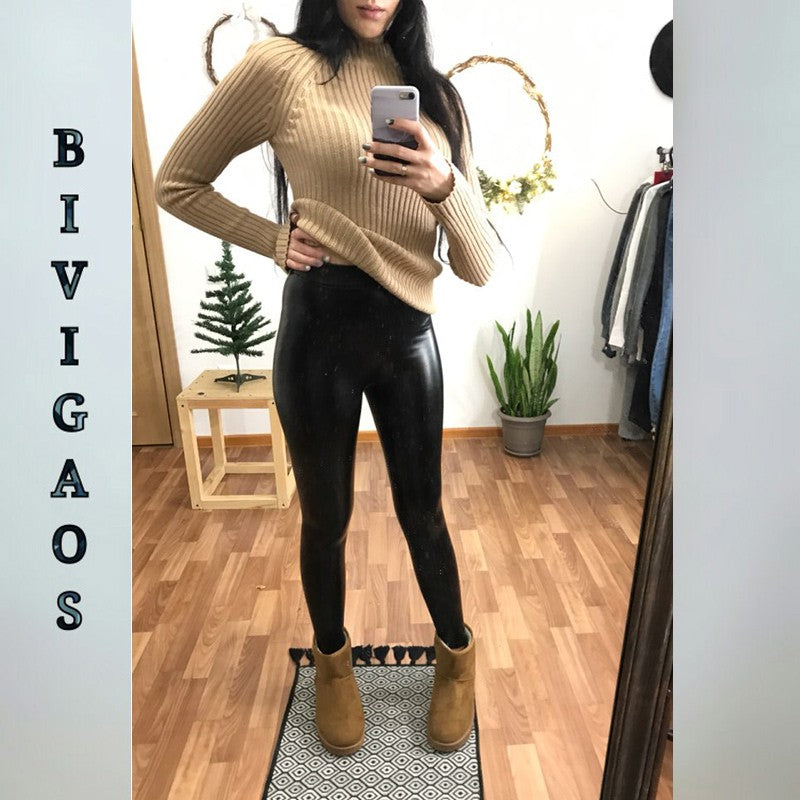 BIVIGAOS Fashion Women PU Leather Pants Elastic High Waist Winter Leggings Slim Velvet Leather Leggings Skinny Fleece Trousers