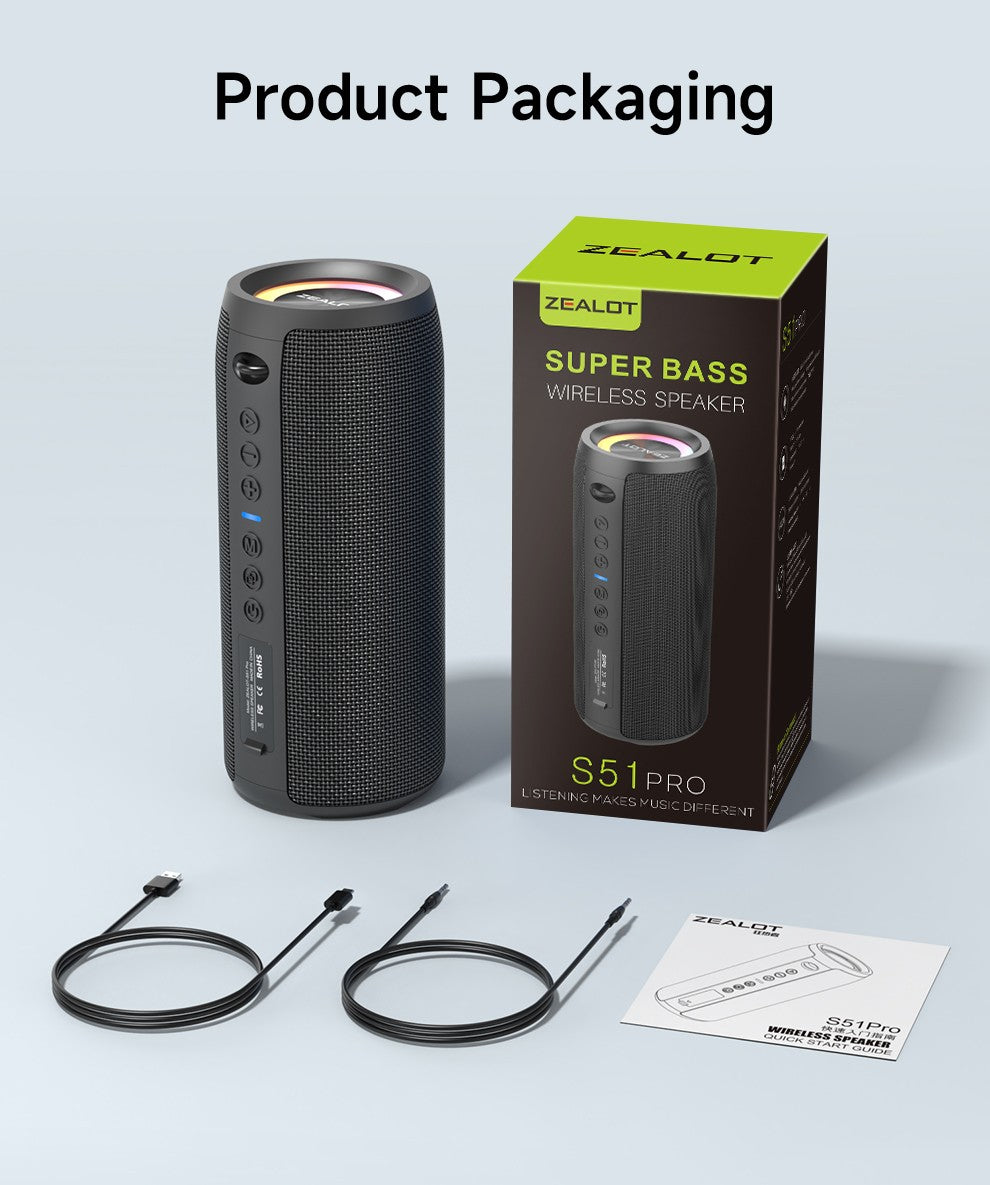 Zealot-S51Pro High-power Bluetooth Speaker 40W 3D Stereo Bass Bluetooth Speaker Portable IPX5 Waterproof Suitable TWS Boom Box