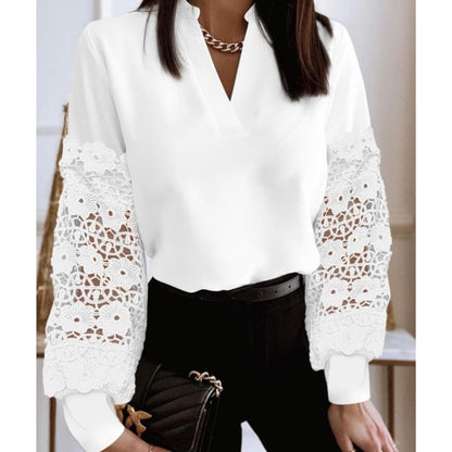 Spring And Autumn Women's Fashionable Round Neck Lace Patchwork Shirt Elegant Long Sleeved Hollow V-neck Loose Fitting Blouse