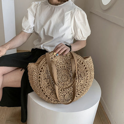 Summer Round Straw Bags for Women Rattan Shoulder Bag Travel Handmade Woven Beach Handbags Female Large Capacity Totes Bag