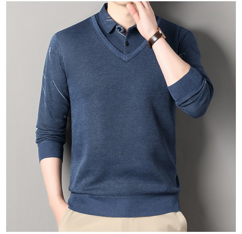 Men's Fleece Lining Sweater Autumn Winter Pullover Polo Shirt Collar Fake Two Piece Thick Warm Top Clothes Casual Knitwear