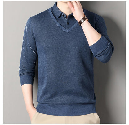 Men's Fleece Lining Sweater Autumn Winter Pullover Polo Shirt Collar Fake Two Piece Thick Warm Top Clothes Casual Knitwear