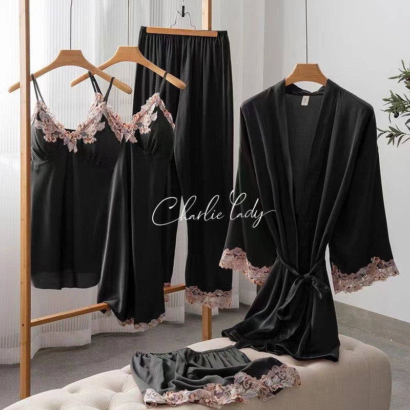 Women's Ice Silk Nightgown Set - Spring/Fall Long-Sleeve Robe Sexy Pure Desire Style with Padded Strapless Nightdress and Pants