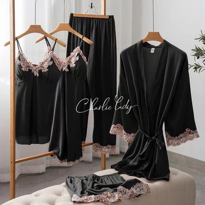 Women's Ice Silk Nightgown Set - Spring/Fall Long-Sleeve Robe Sexy Pure Desire Style with Padded Strapless Nightdress and Pants