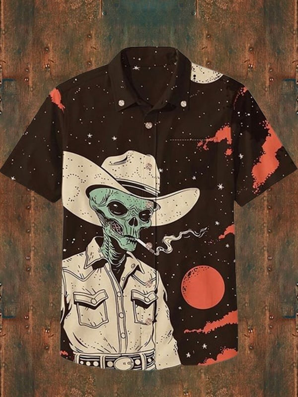 Men's Shirt Summer Casual Fashion Short Sleeve 3D Printed Denim Skull Gun Print Men's Hawaiian Lapel Single Breasted Shirt