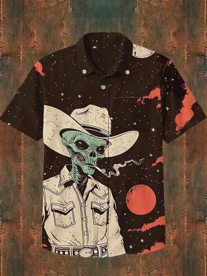 Men's Shirt Summer Casual Fashion Short Sleeve 3D Printed Denim Skull Gun Print Men's Hawaiian Lapel Single Breasted Shirt