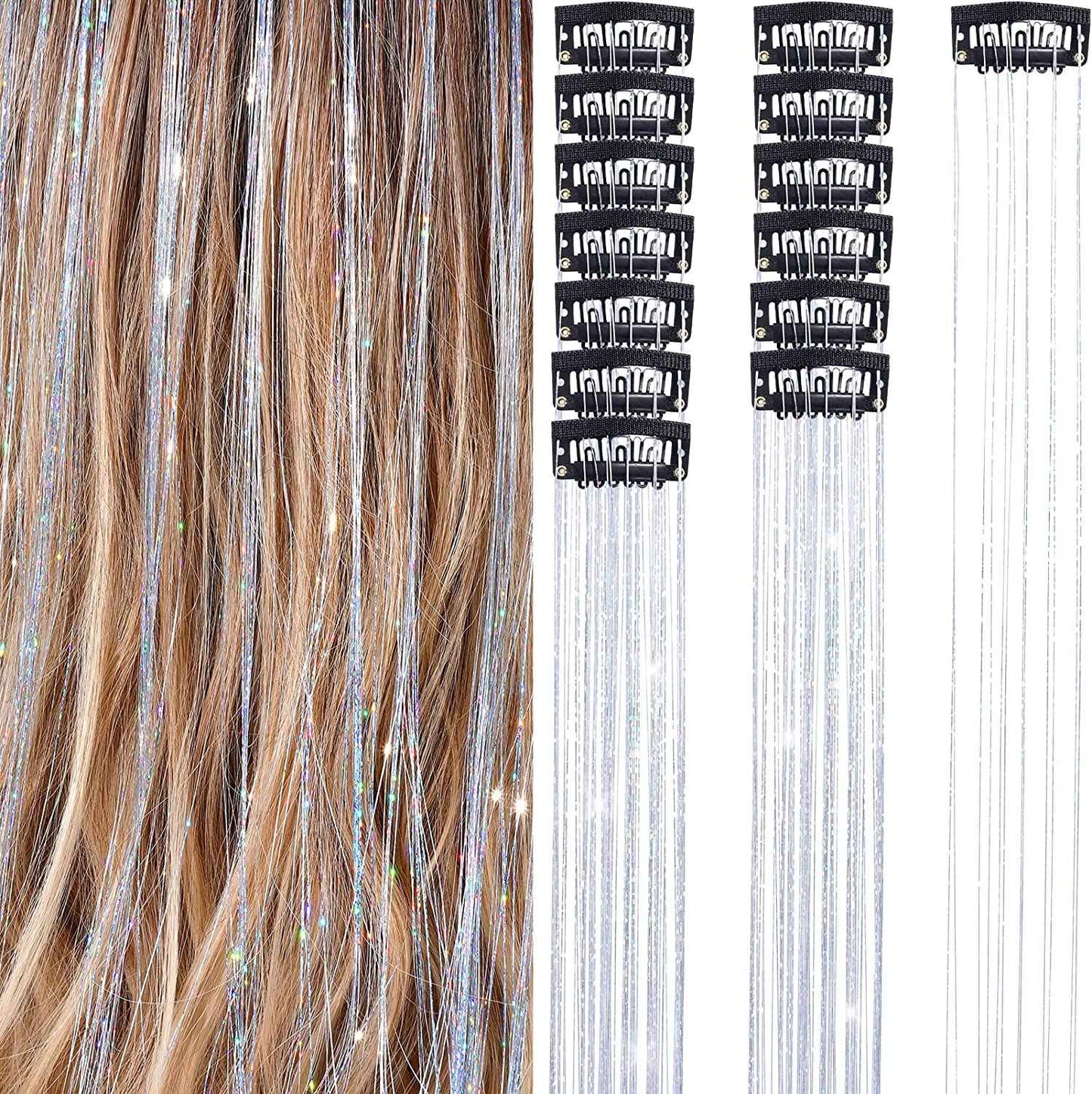 6 peças de extensões de cabelo brilhantes de 50 cm, extensões de cabelo sintéticas, presilhas de cabelo para trançar, chapéus femininos