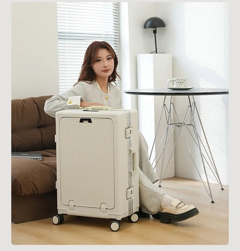 Suitcase Front Opening Pocket Aluminum Alloy Frame Rolling Luggage with USB Charging Plug Trolley Carry-on Case Bag with Wheel