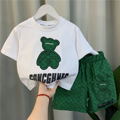 Conjunto de Roupa Infantil Menino Menina Camisetas e Shorts Estampados de Urso Cartoon 2 Peças Bebê Letra Impressa Top Calça Fato de Treino