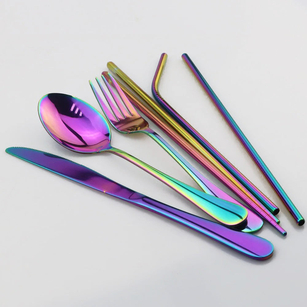 Travel Hiking Portable Dinnerware Set with Pouch Reusable Stainless Steel Straw Cutlery Knife Spoon Fork Chopsticks Silverware