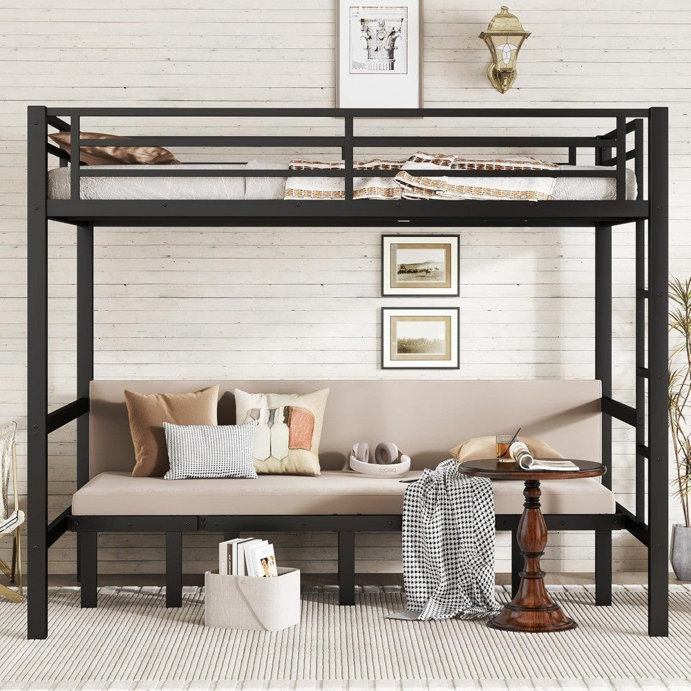 Over Full Bunk Bed with Guardrails, Convertible Metal Loft Bed with Sofa & Lower Bed, Full Size Bunk Beds Pull-Out