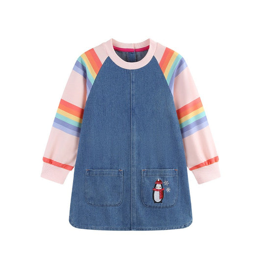 New Girls' Dress  Round Neck Children's Princess Dress Denim Fabric Toddler Kids Clothing 4-8Y