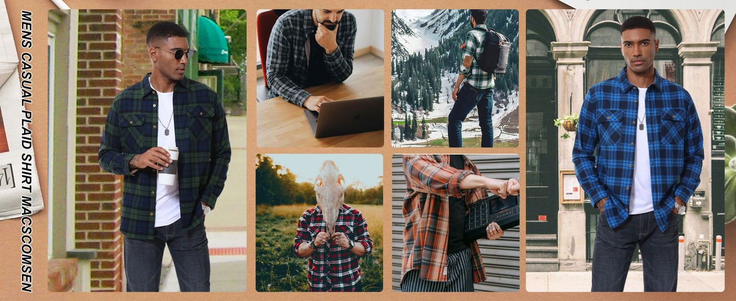 MAGCOMSEN Flannel Shirts Men's Long Sleeves Cotton Long Sleeve Plaid Shirt with 2 Pockets Button Down Casual Corduroy Shirt Male