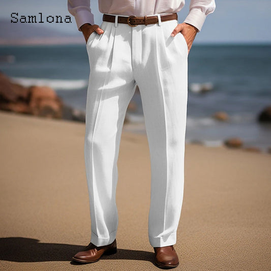 Men's Stand Pocket Casual Cotton Linen Pants White Soft Beach Trousers 2025 American and European Fashion Style Basic Suit Pants