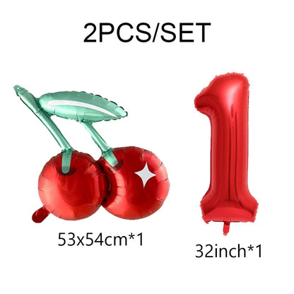 2pcs Cherry Foil Balloons with 32inch Red Number Balloon for Summer Fruit Theme Kids Birthday Baby Shower Party Decoration