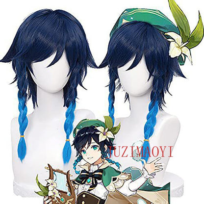 Genshin Impact Venti Cosplay Wig Unisex Blue Wig Cosplay Anime Cosplay Braid Wigs Heat Resistant Synthetic Wigs Halloween