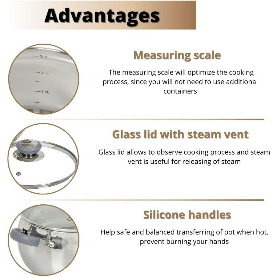 Modern 10-Piece Stainless Steel Induction Cookware Set – Dishwasher Safe Saucepan, Pots with Heatproof Handles, Glass Lids, Silv