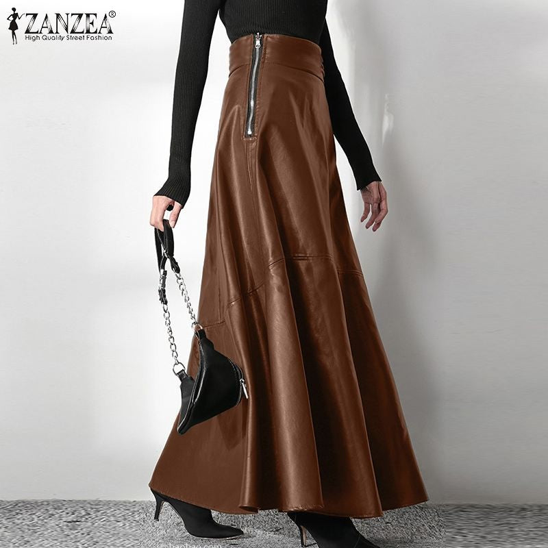 ZANZEA Women's PU Leather Maxi Skirt 2023 Spring Elegant OL Long Saias Fashion Solid Mujer Faldas Casual High Waist Zipper Jupe