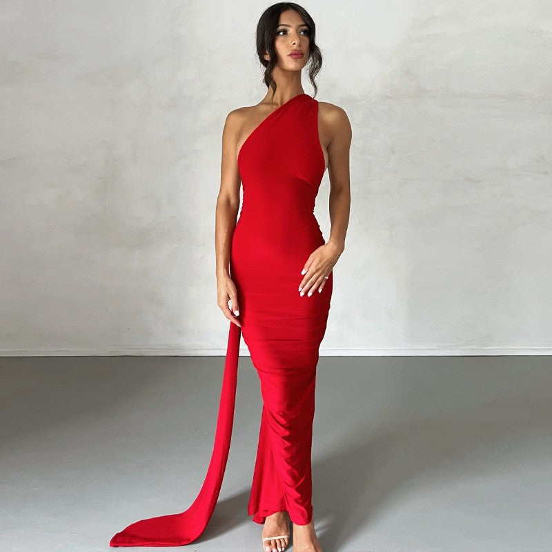 Hugcitar One Shoulder Backless Adjustable Scarf Loop Ruched Sexy Maxi Dress Wome