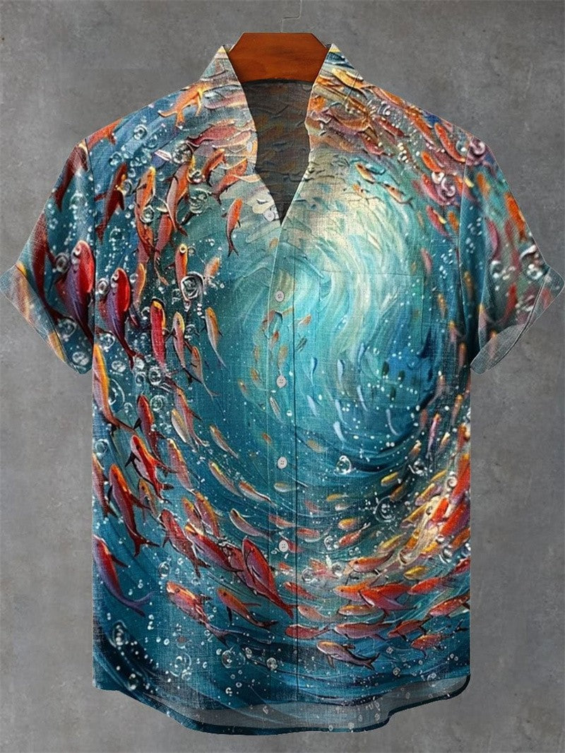 Men's Linen Short Sleeve Shirt Casual Top Single Button Vintage Cartoon And Art Cat Summer Print Top