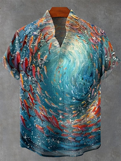 Men's Linen Short Sleeve Shirt Casual Top Single Button Vintage Cartoon And Art Cat Summer Print Top