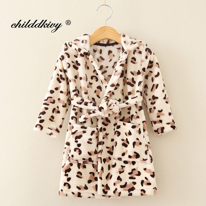 Boy and Girls Flannel Pajamas Robe Autumn and Winter Children Sleepwear Soft Hooded Kids Homewear 2-8 Years