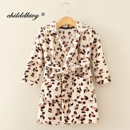 Boy and Girls Flannel Pajamas Robe Autumn and Winter Children Sleepwear Soft Hooded Kids Homewear 2-8 Years