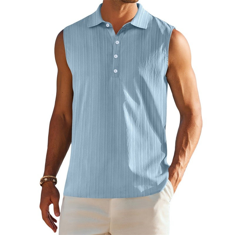 Men s Sleeveless Collared Tank Tops with Textured Stripes and Half Button-up Detail Solid Color Casual Shirts for Summer Wear