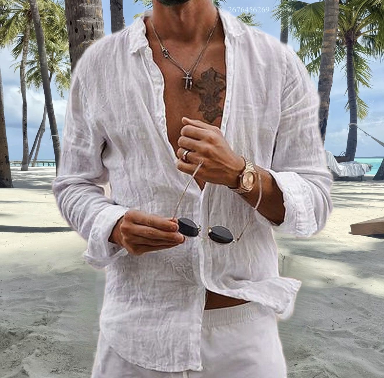 Men's cotton and linen shirt tops simple lapel solid color shirt tops comfortable loose casual vacation shirt express delivery