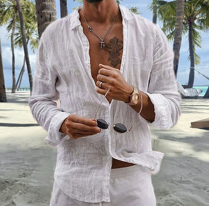 Men's cotton and linen shirt tops simple lapel solid color shirt tops comfortable loose casual vacation shirt express delivery