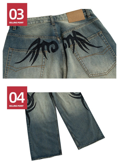 MIJKO New Retro Dragon Pattern Totem Print Bamboo Baggy Drawstring Washed Jeans For Men Women Denim Pants ZJ083