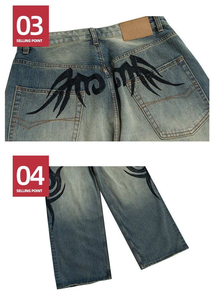 MIJKO New Retro Dragon Pattern Totem Print Bamboo Baggy Drawstring Washed Jeans For Men Women Denim Pants ZJ083