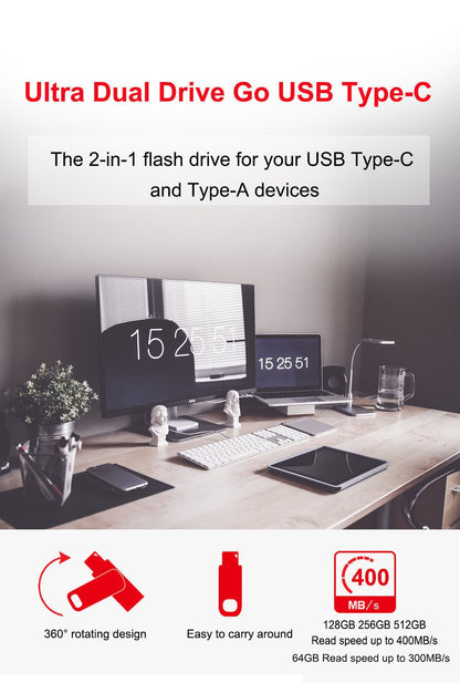 Pen Drive SanDisk 2 EM 1 Ultra Dual Drive GO USB 3.2 Tipo-C 64GB 128GB 256GB 512GB U Disk Velocidade de Até 400MB/s