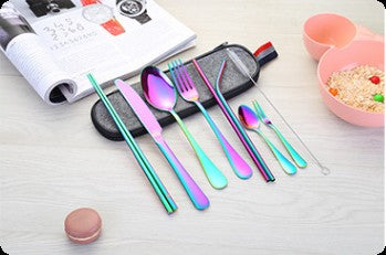 Conjunto de Talheres de Aço Inoxidável, Portátil, Faca, Garfo, Colher, Hashi, Canudo, Ocidental, Presente de Viagem, Conjunto de 9 Peças