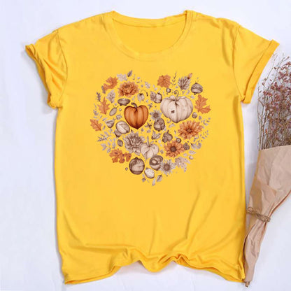 Fall Heart Women's Fall Shirt Pumpkin Season Short Sleeves Thanksgiving Halloween Party Shirts Fashion Women T-shirt Clothes