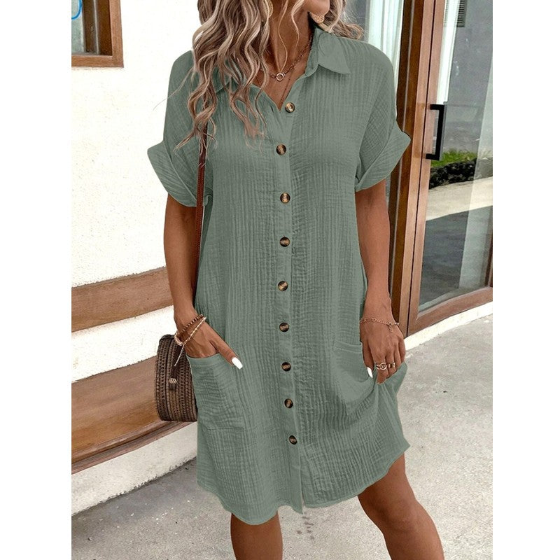Fashion Women Summer Short Sleeve Shirt Dress Elegant Loose Simple Pockets Offic