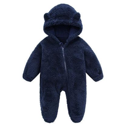 0-12M Baby Plush Warm Jumpsuits Boys Girls Long Sleeve Hooded Zipper Romper Newborn Infant Fall Winter Clothes