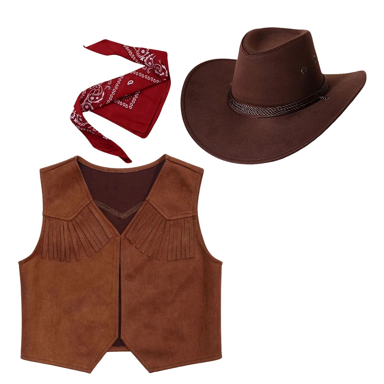 Wild West Cosplay Cowboy Cowgirl Costume Halloween Dress Up Clothes New Fringe Sleeveless Vest with Bandanna Hat Set