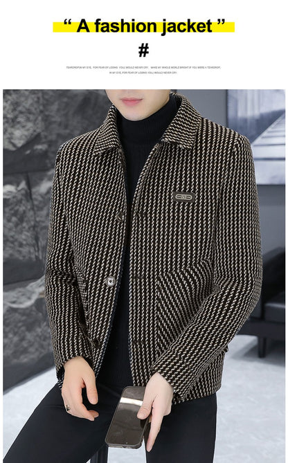 Korean Fashion Woolen Jacket for Men 2023 Winter Plaid Casual Business Trench Coat Slim Social Office Street Wear Short Overcoat