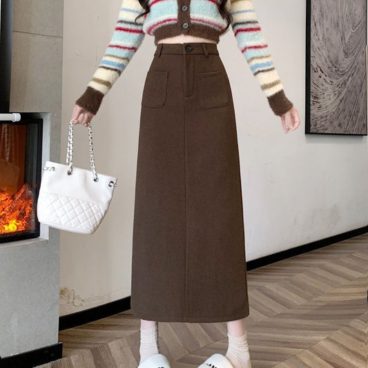 Autumn Winter Vintage All-match Solid Color High Waist Skirt Ladies Korean Fashion Buttons Zipper Slim Long Dress Women Clothes