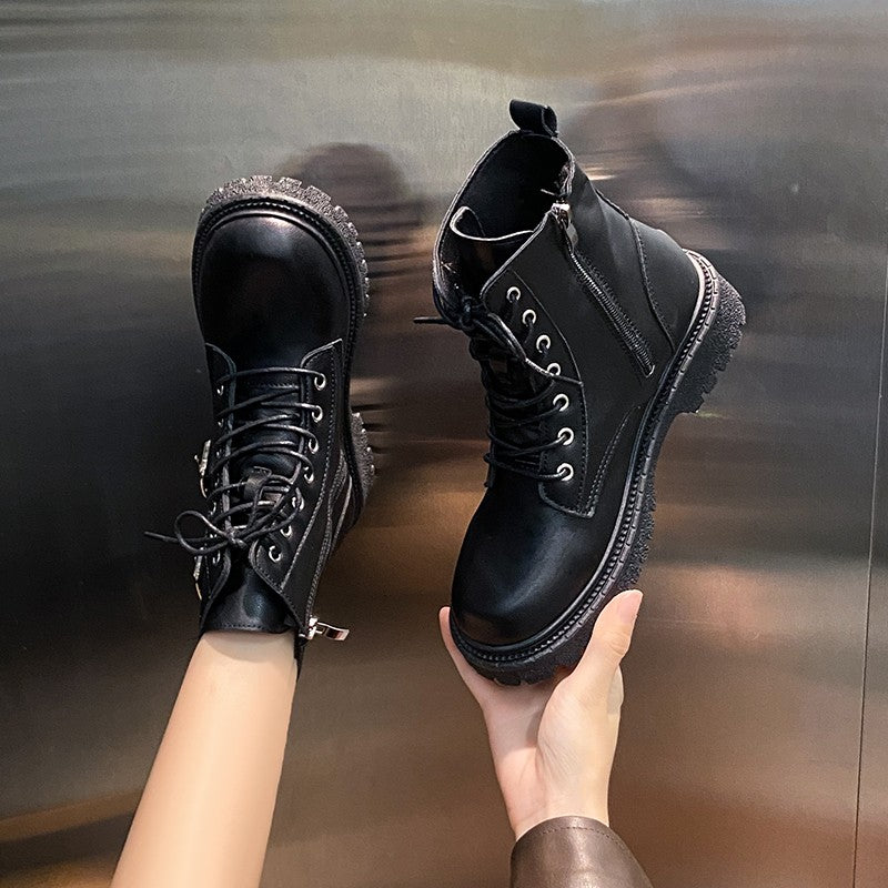 New Round Toe Fashionable Side Zipper Motorcycle Shoes Solid Color Elegant Warm Casual Lace-up Non-slip Women's Boots