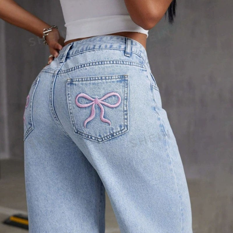 Fashion Retro Bow Embroidered Jeans Women'S Straight Leg Slim Fit Jeans Pants Baggy Y2k Jeans