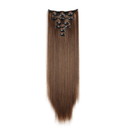 Extensão de cabelo liso longo sintético de 24 polegadas 7pçs/conjunto 16 clipes Penteado Preto Loiro Peruca para mulheres 2026