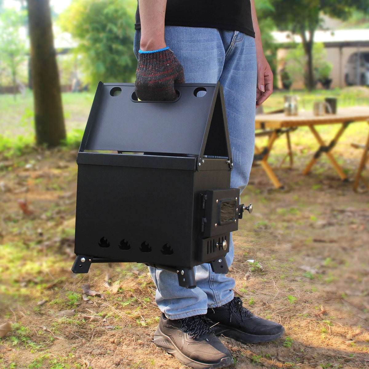 Fogão a Lenha Dobrável para Acampamento, Aquecedor de Tenda Portátil com Chaminé Destacável de 5 Seções, Queimador de Lenha para Pesca no Gelo, Para Cozinhar e Churrasco ao Ar Livre