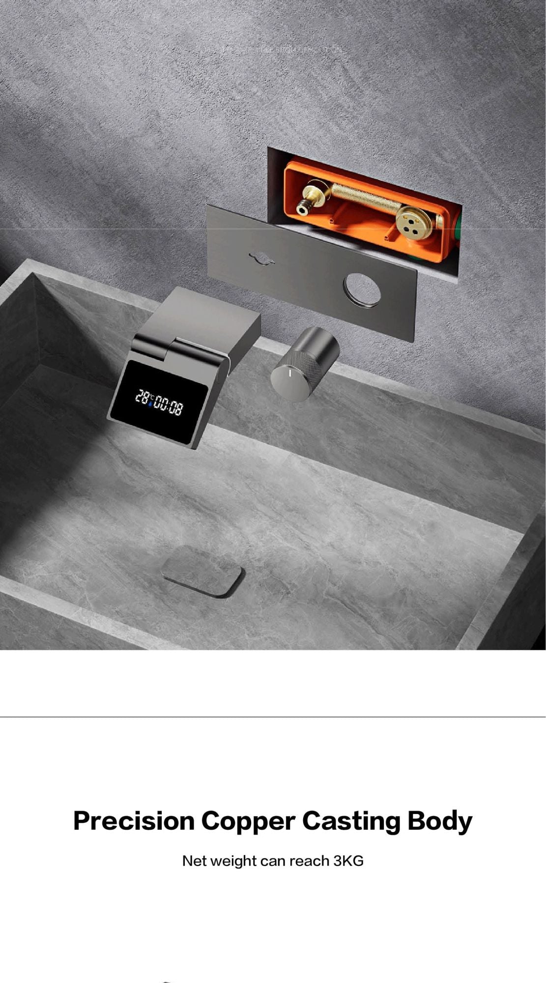 Torneira de banheiro de parede luxuosa de latão cinza chumbo com visor digital LED, misturador monocomando de água quente e fria embutido.