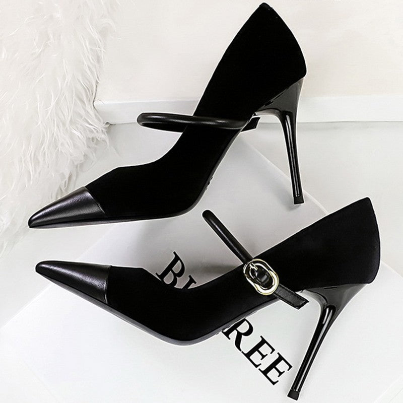 Korean Version Party 10cm 7cm High Heels Women Shoes Thin Heels Velvet Shallow Montage Pointed Toe Metal One-line Buckle Pumps