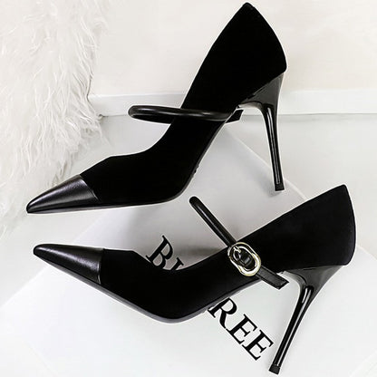 Korean Version Party 10cm 7cm High Heels Women Shoes Thin Heels Velvet Shallow Montage Pointed Toe Metal One-line Buckle Pumps